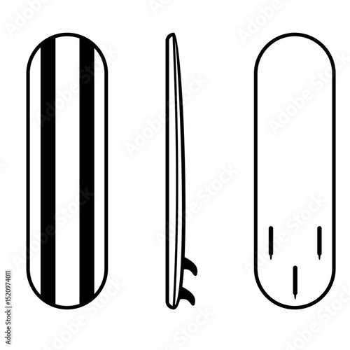 Vector Icon Orange-blue surfboard with vibrant palette,
multi-angle view: front, side, back,
line art style
