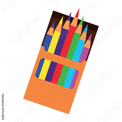 Cardboard box with colored pencils on white background. Back to school soon. School supplies. Isolated vector illustration.