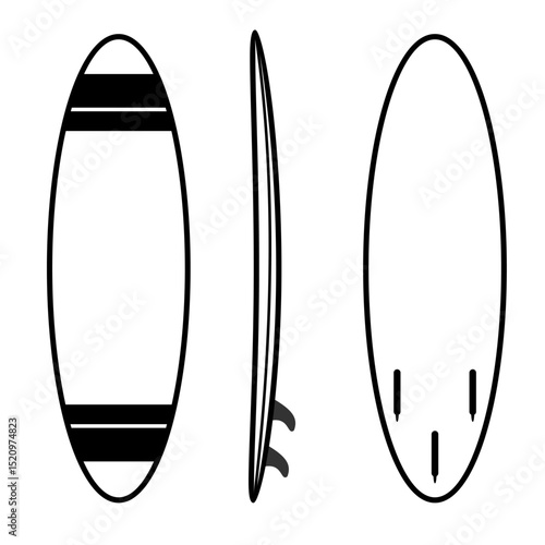 Vector Icon Red surfboard shown from three angles,
front, side, and back with smooth curves,
line art style
