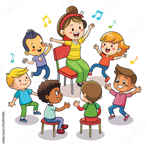 Cartoon Teacher with Smiling Students and Music Notes in a Circle Illustration