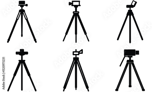 Camera Tripod Silhouette Vector Set – Minimalist Black Photography Stand, Mounts, Stabilizers and Video Equipment Icons