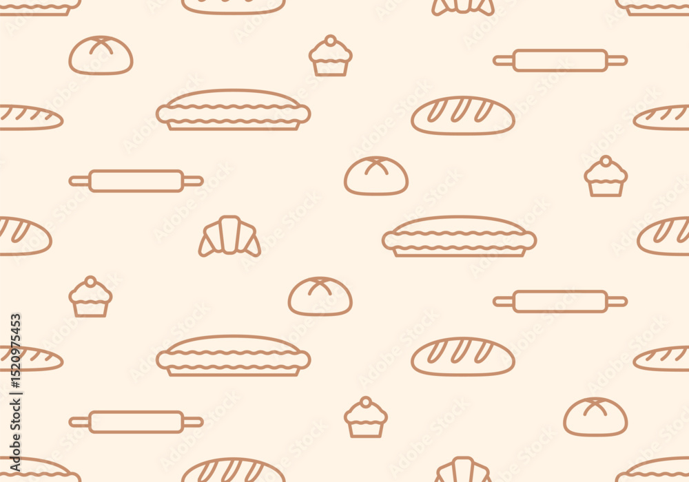Seamless pattern with bread, pastry, croissant, cake. Sseamless pattern with bakery elements. Seamless pattern of bread and bakery products. Baked goods background. Vector illustration Seamless pattern with bread, pastry, croissant, cake. Sseamless pattern with bakery elements. Seamless pattern of bread and bakery products. Baked goods background. Vector illustration