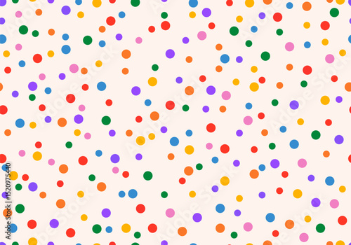Seamless pattern with colorful polka dots on a white background. Abstract ornament multicolor falling confetti
