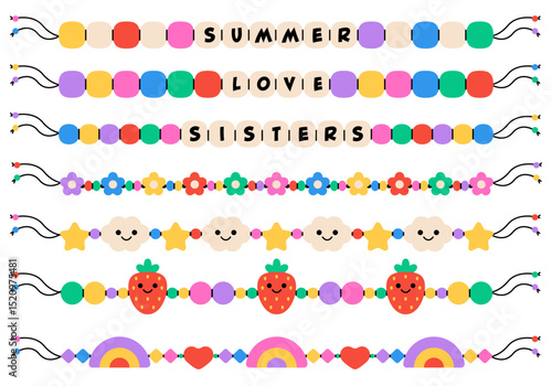 Kids jewelry. Plastic beads decorating handmade fashioned elements 90s style jewelry. friendship bracelets and letter beads