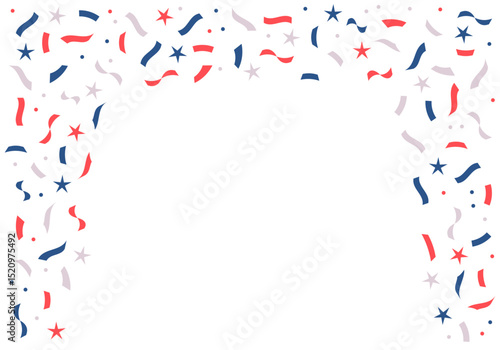 Tricolor Confetti Web graphics White background. Stars confetti for 4th of July for decoration and covering. Happy Independence Day in USA