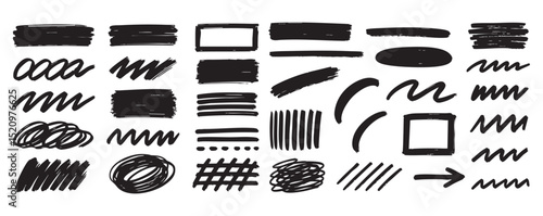 Marker brush stroke texture element set vector illustration
