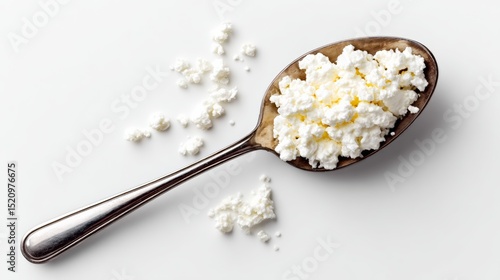 Spoon filled with fresh cottage cheese on a white background, showcasing the texture and creamy appearance, with scattered curds around, emphasizing the dairy product's natural qualities and culinary