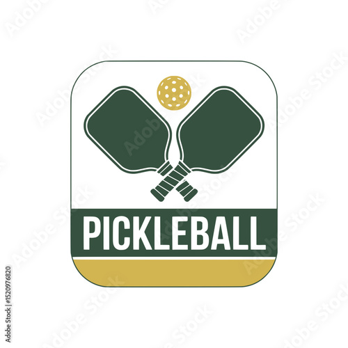 Pickleball Logo with Paddles and Banner, Minimal pickleball logo design with crossed paddles, ball, and bold ribbon banner for clubs, gear, and branding use.

