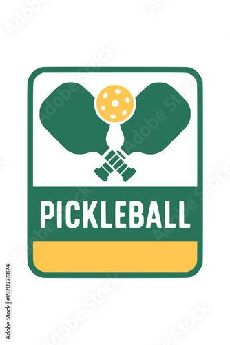Pickleball Logo with Paddles and Banner, Minimal pickleball logo design with crossed paddles, ball, and bold ribbon banner for clubs, gear, and branding use.

