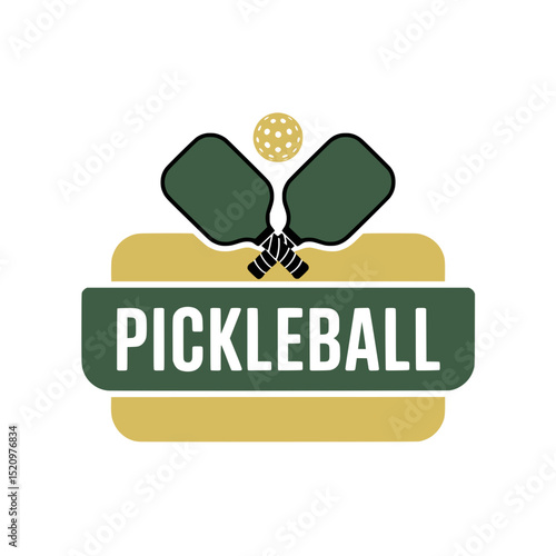 Pickleball Logo with Paddles and Banner, Minimal pickleball logo design with crossed paddles, ball, and bold ribbon banner for clubs, gear, and branding use.

