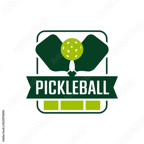 Pickleball Logo with Paddles and Banner, Minimal pickleball logo design with crossed paddles, ball, and bold ribbon banner for clubs, gear, and branding use.

