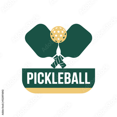 Pickleball Logo with Paddles and Banner, Minimal pickleball logo design with crossed paddles, ball, and bold ribbon banner for clubs, gear, and branding use.

