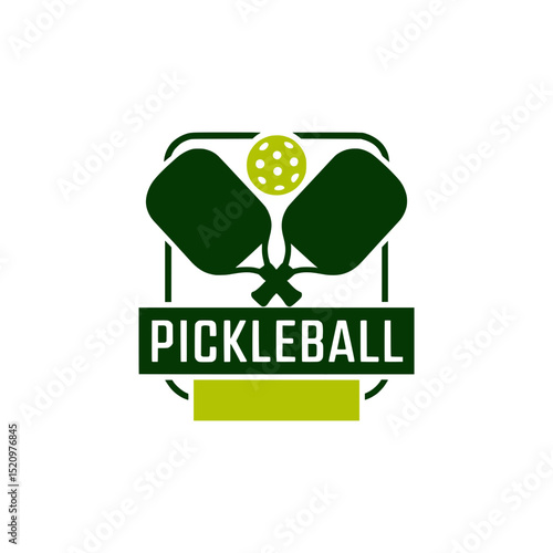 Pickleball Logo with Paddles and Banner, Minimal pickleball logo design with crossed paddles, ball, and bold ribbon banner for clubs, gear, and branding use.

