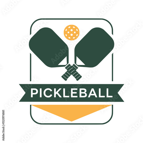 Pickleball Logo with Paddles and Banner, Minimal pickleball logo design with crossed paddles, ball, and bold ribbon banner for clubs, gear, and branding use.

