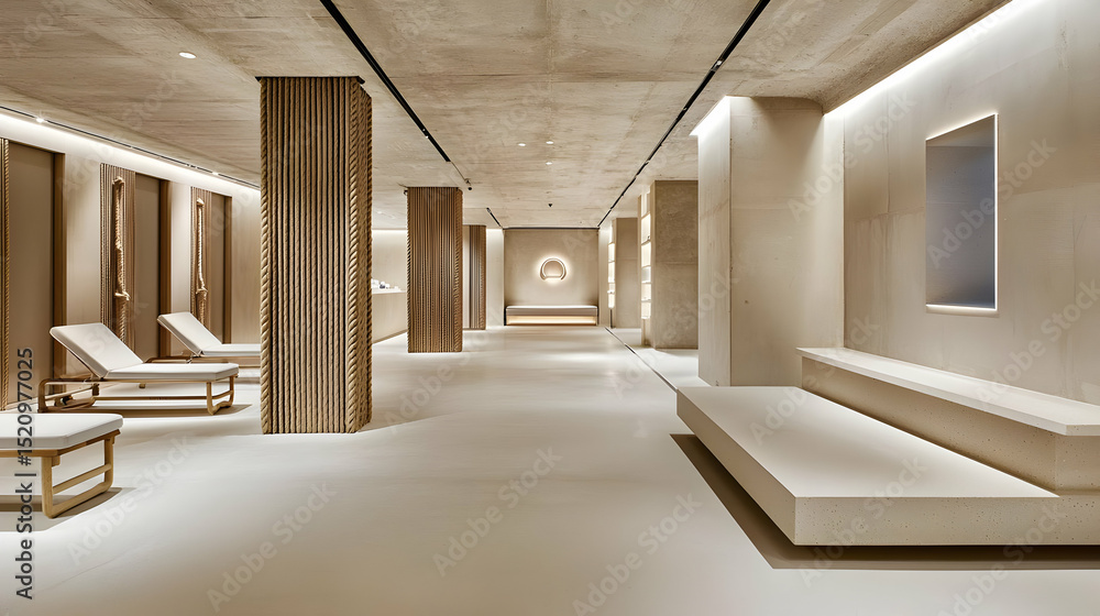 Obraz premium Modern Spa Interior Design With Beige Concrete And Wood