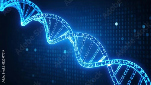A glowing digital DNA double helix floats against a background of binary code, symbolizing bioinformatics and genetics.