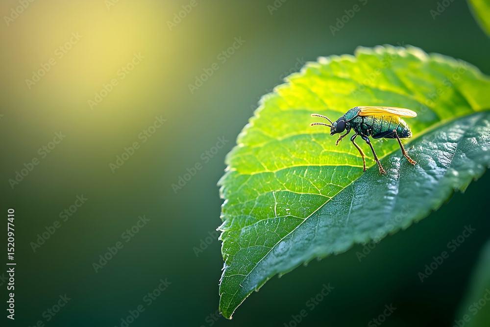 Fototapeta premium Close-up of a vibrant beetle resting on a lush green leaf.