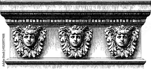 Renaissance revival architectural facade with engraved ornamentation for design use