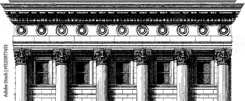 Detailed engraved illustration of renaissance revival architecture for historical design projects