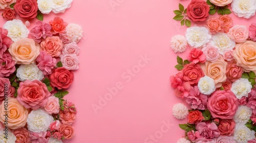 Soft pink background with romantic red, white, peach, and pink roses floral decoration, elegant flower arrangement with green leaves creating delicate and festive floral border perfect for spring