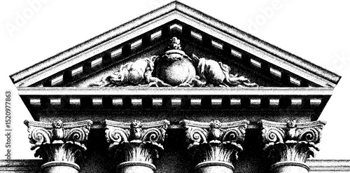 Detailed engraved illustration of renaissance revival architecture facade for historical design projects