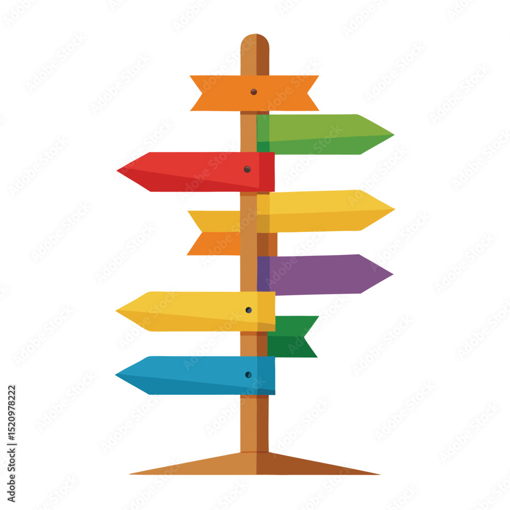 Colorful Directional Sign Post Illustration with Multiple Arrows on Wooden Post Colorful Directional Sign Post Illustration with Multiple Arrows on Wooden Post