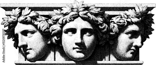 Engraved illustration of renaissance revival architectural facade with classical sculpted faces