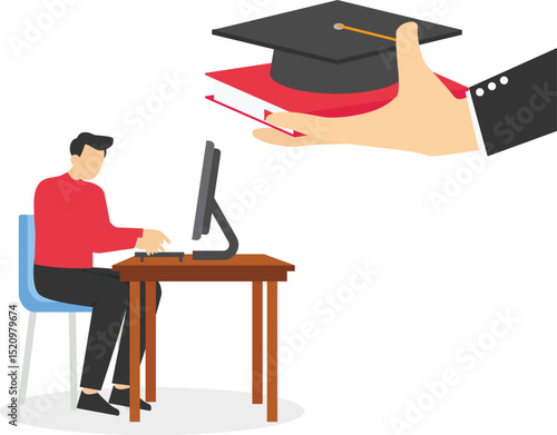 Providing educational opportunity for employee, corporate scholarship for further study in field of work concept. Employee showing delighted expression when boss hand give graduation cap for him. stoc