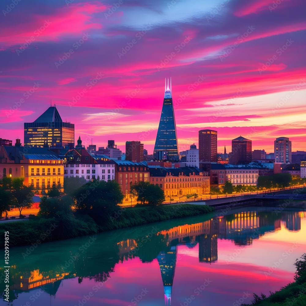 Fototapeta premium Vibrant pink sunset over city skyline with river reflection