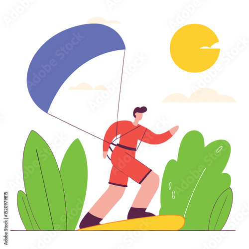 Colorful Kite Surfer Illustration With Geometric Style Plants Under A Sunny Sky