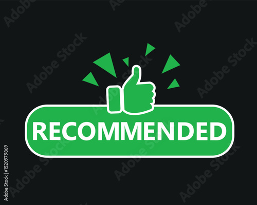 Recommended Label with Thumbs Up Icon – Vector Approval Badge Design, Bright and modern recommended badge featuring a green thumbs-up icon and bold typography
