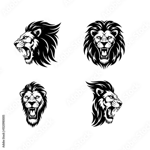 Four lion head silhouettes roaring isolated on transparent background isolated on transparent background