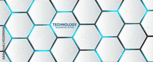 White 3d hexagonal technology vector abstract background. Blue bright energy flashes under hexagon in modern technology futuristic background vector illustration. White honeycomb texture grid.