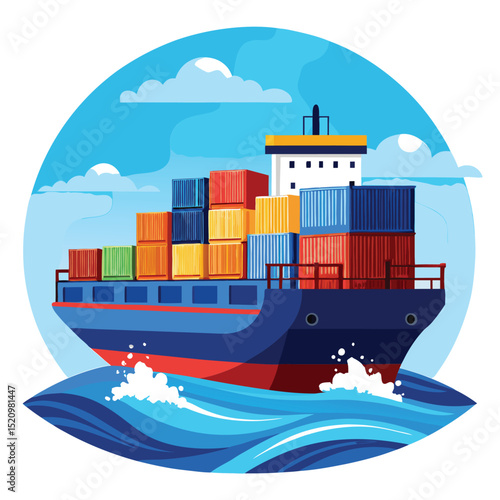 Container Ship Carrying Cargo Across Blue Sea Under Cloudy Skies Illustration