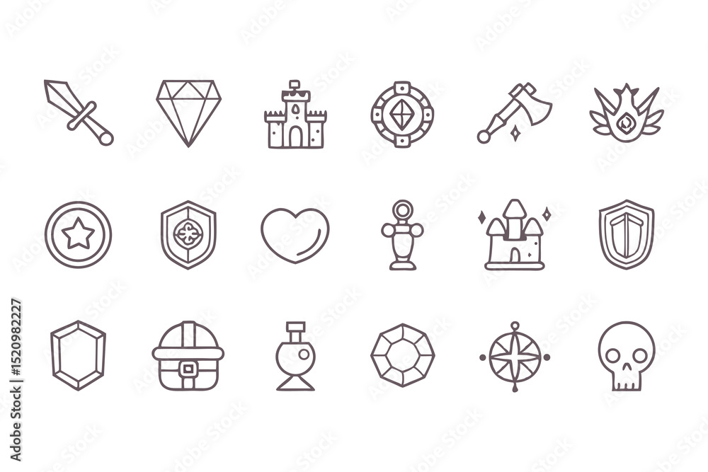 Fantasy RPG Line Icon Set. Vector Icons of Sword, Axe, Shield, Helmet, Bow, Castle, Potion, Spell Book, Scroll, Torch and Diamond Elements. Vector Illustration Fantasy RPG Line Icon Set. Vector Icons of Sword, Axe, Shield, Helmet, Bow, Castle, Potion, Spell Book, Scroll, Torch and Diamond Elements. Vector Illustration