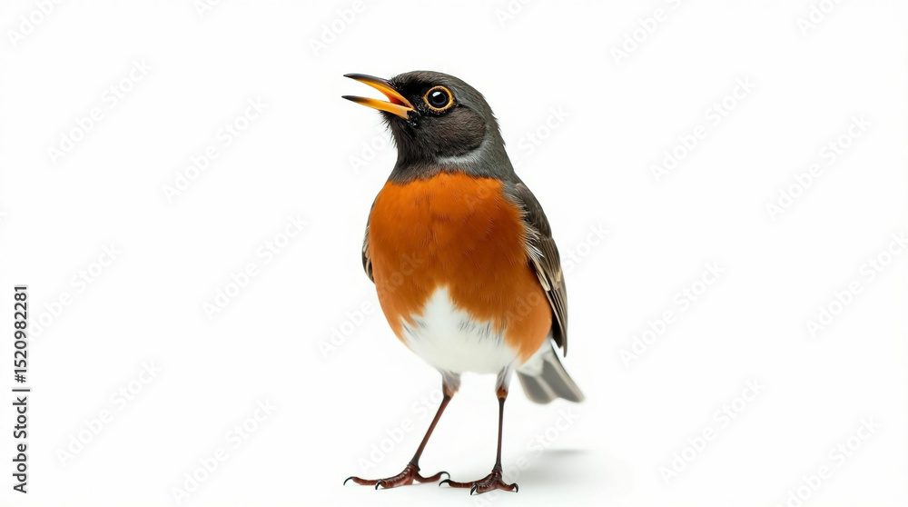 An isolated, full-body side profile of an American Robin standing on a white background An isolated, full-body side profile of an American Robin standing on a white background