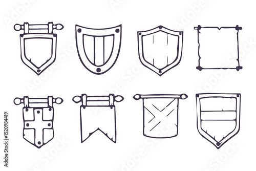 RPG wooden sign and frame set. hand drawn fantasy game UI elements for quests, menus, maps, and adventure role-playing game interfaces. Vector Illustration