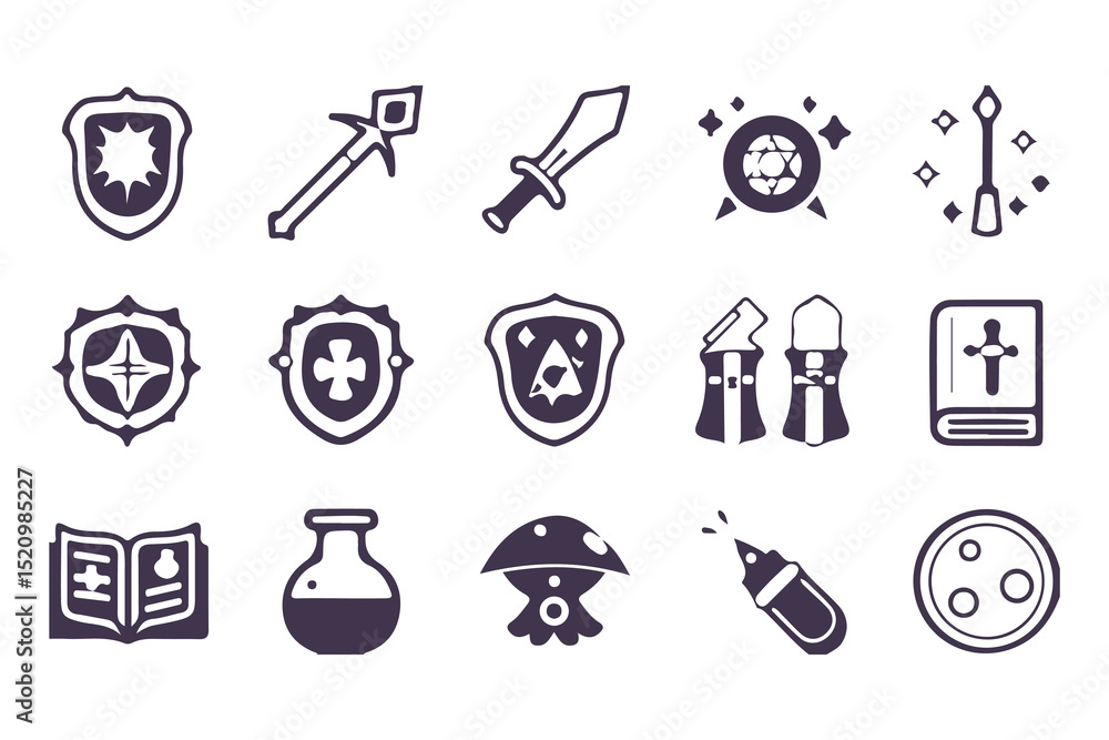 Fototapeta premium RPG Game Icon Set. Fantasy UI Pictogram Kit with Health Signs, Swords, Potions, Skills, Awards, Knight Weapons and Dungeon Dragon Elements. Vector Illustration