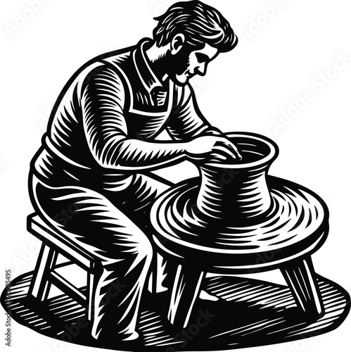 male potter shaping clay on pottery wheel in artistic silhouette style perfect for ceramic making artisan craft and handmade pottery art
