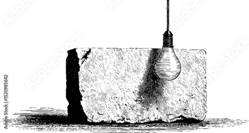 Intricate engraved illustration of weathered concrete block with hanging light bulb