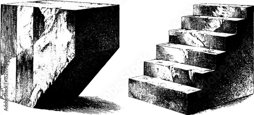 Engraved illustration of wedge shaped form and staircase - architectural design and geometric art elements