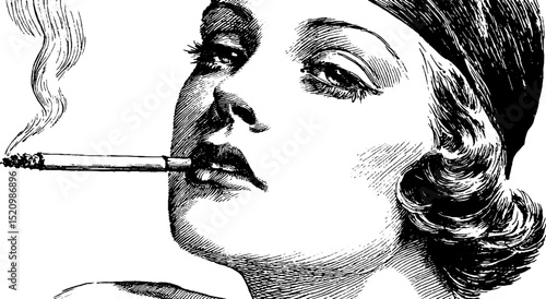 Vintage 1920s fashion icon engraving with cigarette - retro style inspiration and art design
