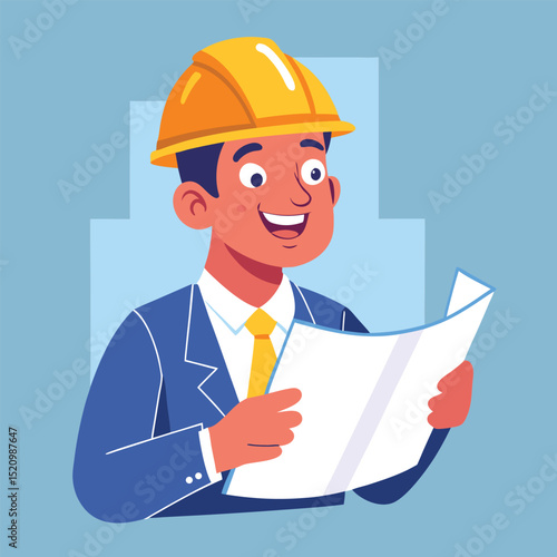 Happy Engineer in Hard Hat Examining Blueprint Plans for Building Project
