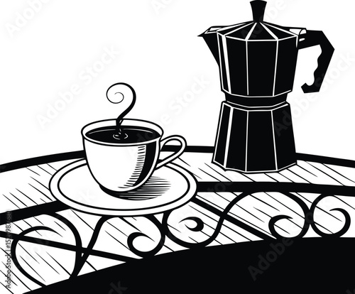 coffee cup with moka pot on iron table in silhouette style perfect for cafe morning routine and vintage coffee culture 