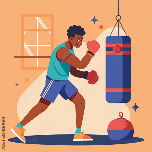 Illustrated Boxer Training with Punching Bag Inside, Fitness and Workout Scene