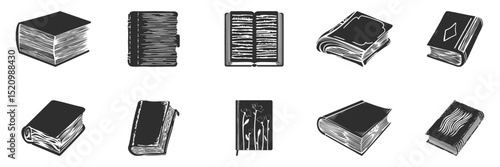 Books And Journals Silhouette Set. Vintage Literature And Writing Tools Isolated Vector Illustration Collection