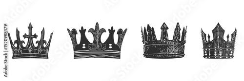 Vintage Crown Silhouette Set. Royalty And Nobility Symbols In Classic Design. Isolated Vector Illustration Collection