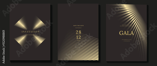 Luxury wedding invitation card background vector. Golden elegant gold wavy lines on brown background. Premium design illustration for wedding and vip cover template, banner, poster. 