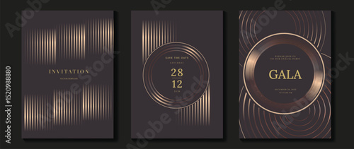 Luxury wedding invitation card background vector. Golden elegant gold wavy lines on brown background. Premium design illustration for wedding and vip cover template, banner, poster. 