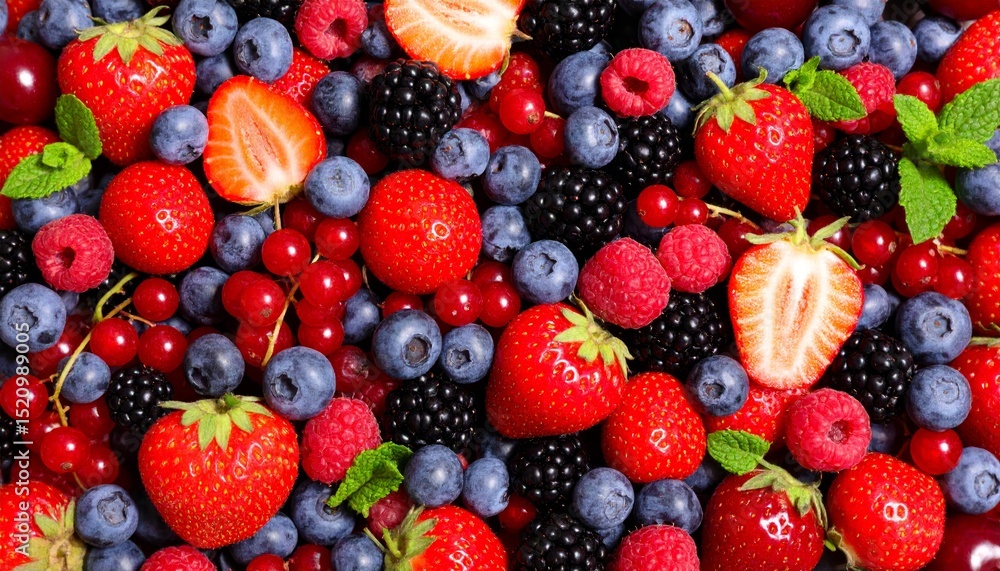 A delicious pile of freshly picked berries and strawberries, sweet healthy treat A delicious pile of freshly picked berries and strawberries, sweet healthy treat